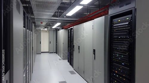 Rows of server racks in a modern data center.