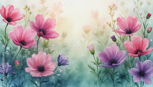 This enchanting image showcases a vibrant array of pink and purple flowers, gracefully swaying amidst a soft, ethereal background. The delicate petals and lush greenery create a serene atmosphere