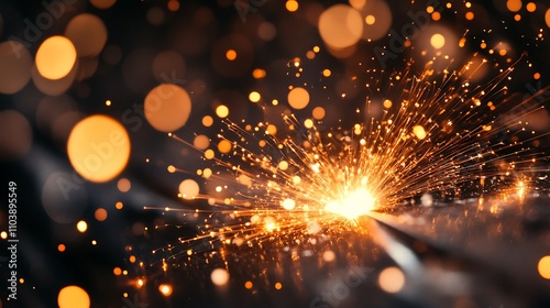 Bright sparks burst from a metal rod, illuminating the dark background with a fiery glow.