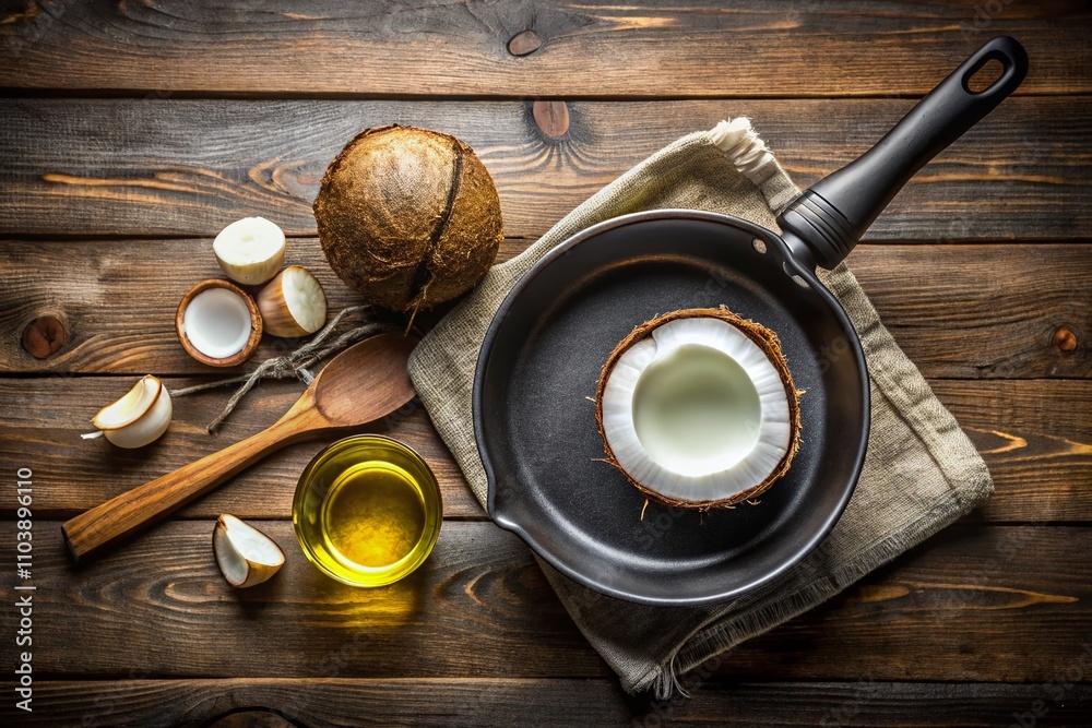 Top View of a Frying Pan with Coconut Oil on a Rustic Wooden Table, Perfect for Cooking Delicious Dishes and Showcasing Healthy Culinary Practices Top View of a Frying Pan with Coconut Oil on a Rustic Wooden Table, Perfect for Cooking Delicious Dishes and Showcasing Healthy Culinary Practices