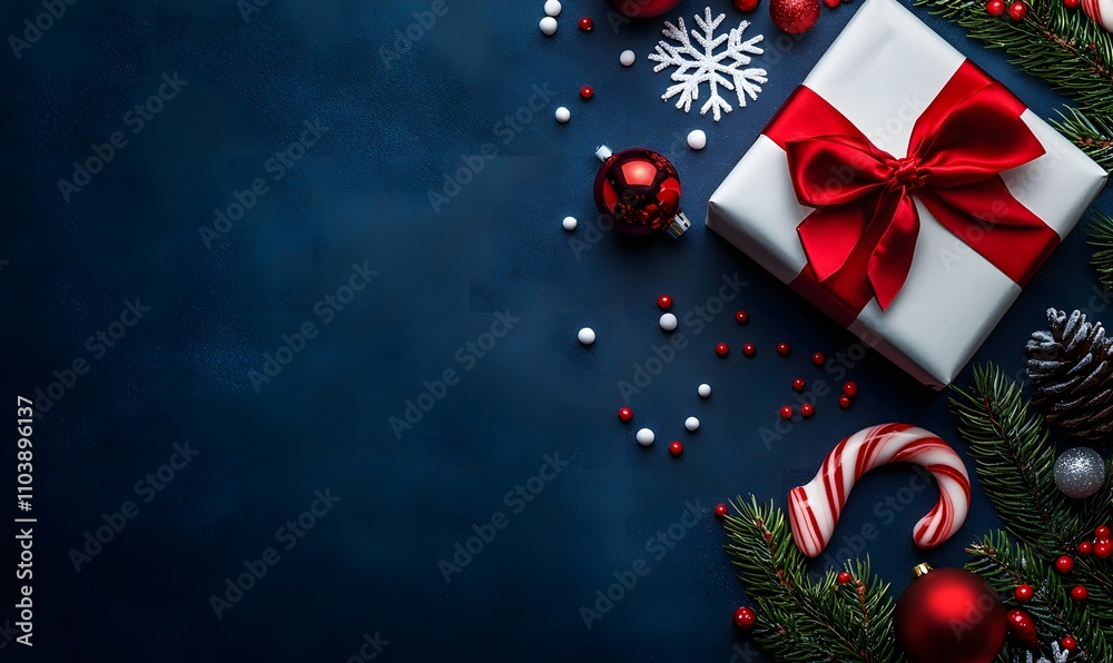 A beautifully wrapped Christmas present with a red ribbon surrounded by snowflakes, candy cane, and pinecones on a blue background. A beautifully wrapped Christmas present with a red ribbon surrounded by snowflakes, candy cane, and pinecones on a blue background.