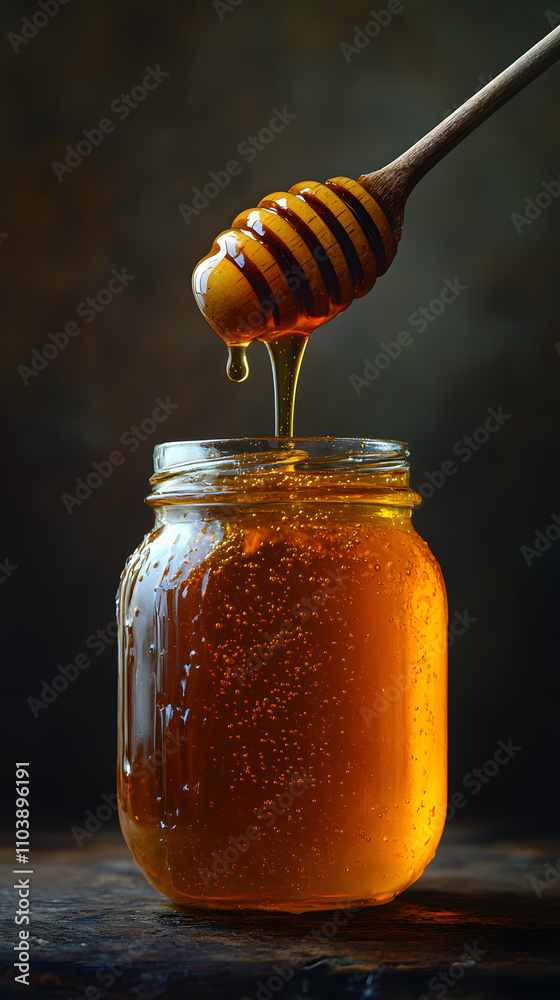 A hyper-realistic honey jar with a wooden spoon dripping golden honey, placed against a soft neutral background. The honey gleams in natural light, creating a warm, appetizing image.
A hyper-realistic honey jar with a wooden spoon dripping golden honey, placed against a soft neutral background. The honey gleams in natural light, creating a warm, appetizing image.