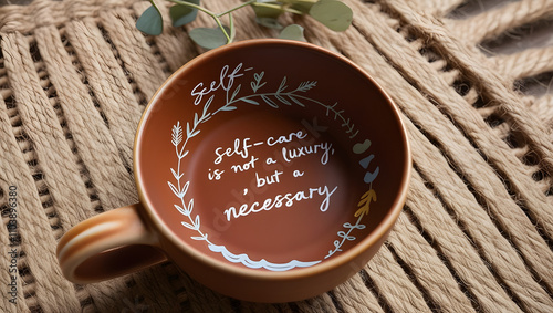 Self-care is not a luxury, but a necessary Orange clay mug featuring inspirational self-care message, botanical accents, and woven decor creating a warm, tranquil, minimalist aesthetic photo