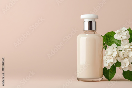 Luxury wellness bottle standing next to white hortensia flowers on beige background