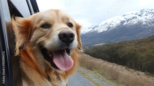 71. A joyful golden retriever sticking its head out of a car window, tongue flapping in the wind photo