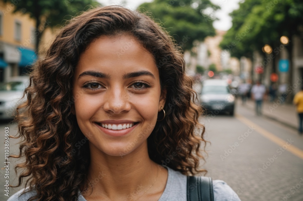 Close portrait of a smiling young Brazilian woman looking at the camera, Brazilian city outdoors blurred background Close portrait of a smiling young Brazilian woman looking at the camera, Brazilian city outdoors blurred background