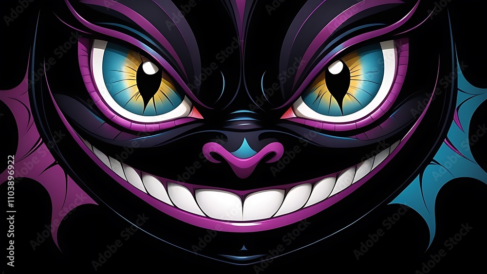 Mad cheshire smile and eyes on black background. Deco element, card-, flyer- base, clip art
