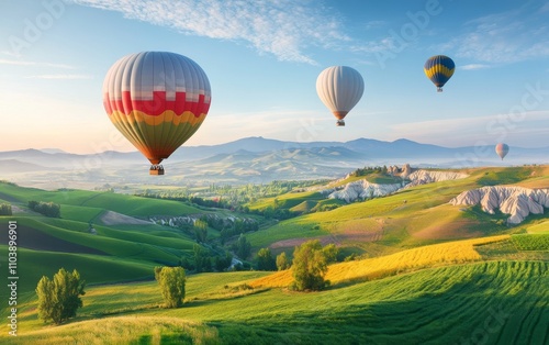 Breathtaking Hot Air Balloon Ride Over Lush Green Fields and Mountains