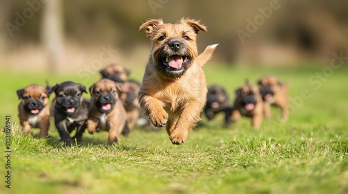 69. A spirited border terrier playing with a group of puppies on a sunny day photo