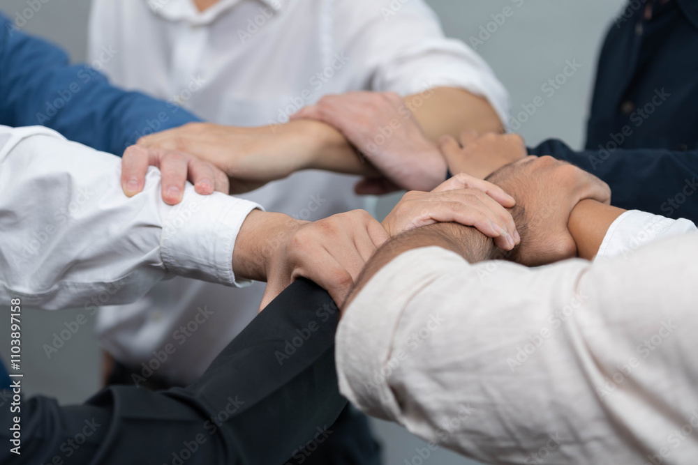 Business team joining hand in circular together symbolize successful group of business partnership and strong collective unity teamwork in community workplace. Prudent Business team joining hand in circular together symbolize successful group of business partnership and strong collective unity teamwork in community workplace. Prudent