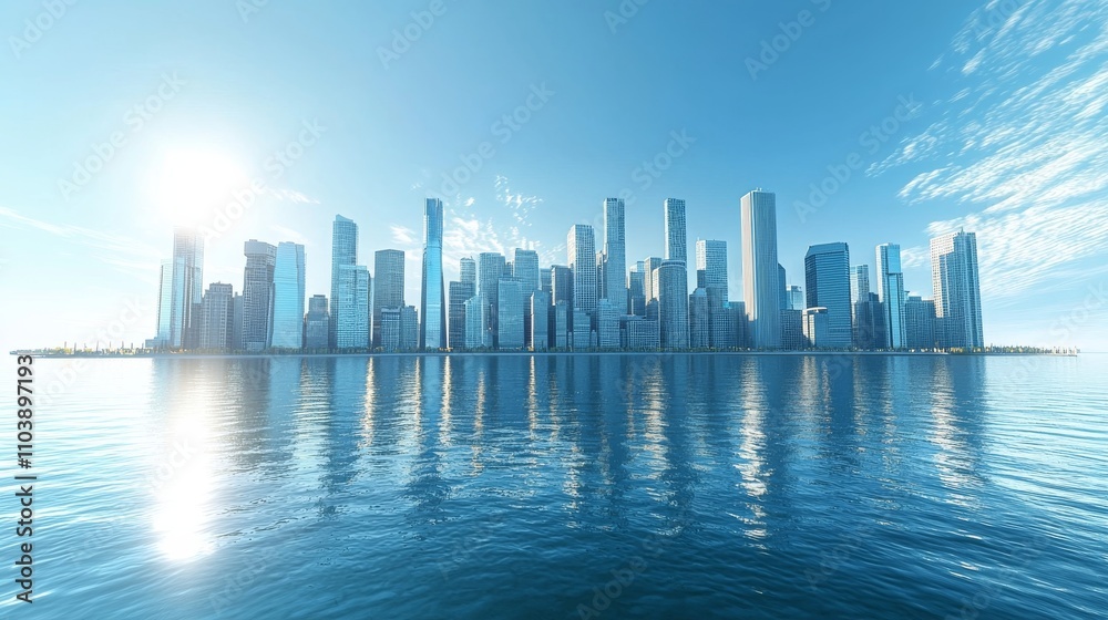 Fototapeta premium a Waterfront Downtown City Skyline with tall and short buildings, with a blue sky above it, day time, with sun glaring, full shot, high angle, ultra-realistic lighting, ultra high resolution, ultra de