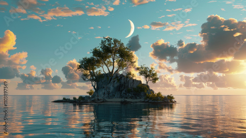 Serene island with a crescent moon 3D render