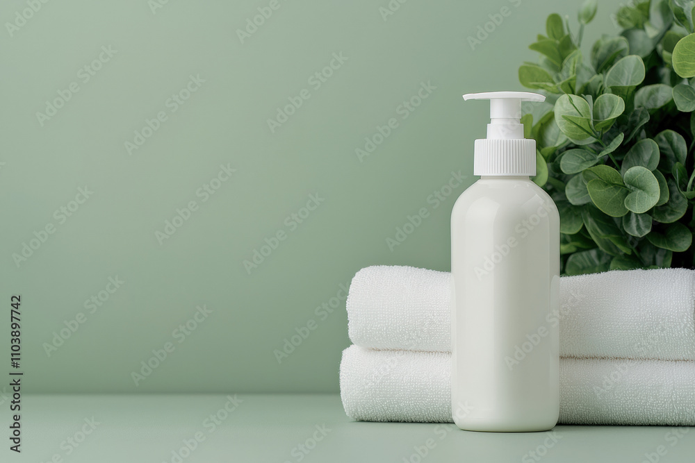 White dispenser bottle mockup with towels and green plant on table White dispenser bottle mockup with towels and green plant on table