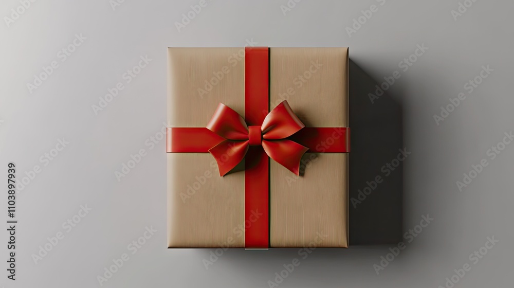 A beautifully wrapped gift sits on a simple surface. The brown paper is secured with a striking red ribbon, creating an elegant and inviting appearance perfect for any occasion