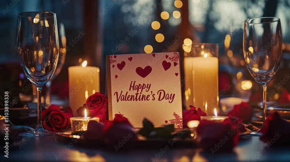 A romantic table setting for Valentine's Day with candles, roses, and a greeting card. A romantic table setting for Valentine's Day with candles, roses, and a greeting card.