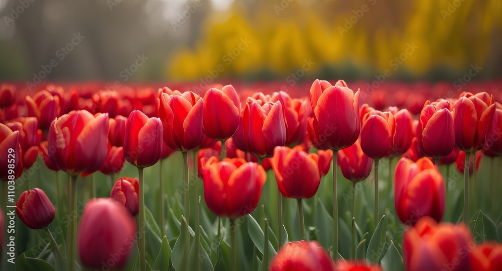 Fototapeta premium Field of red tulip flowers blooming in natural light