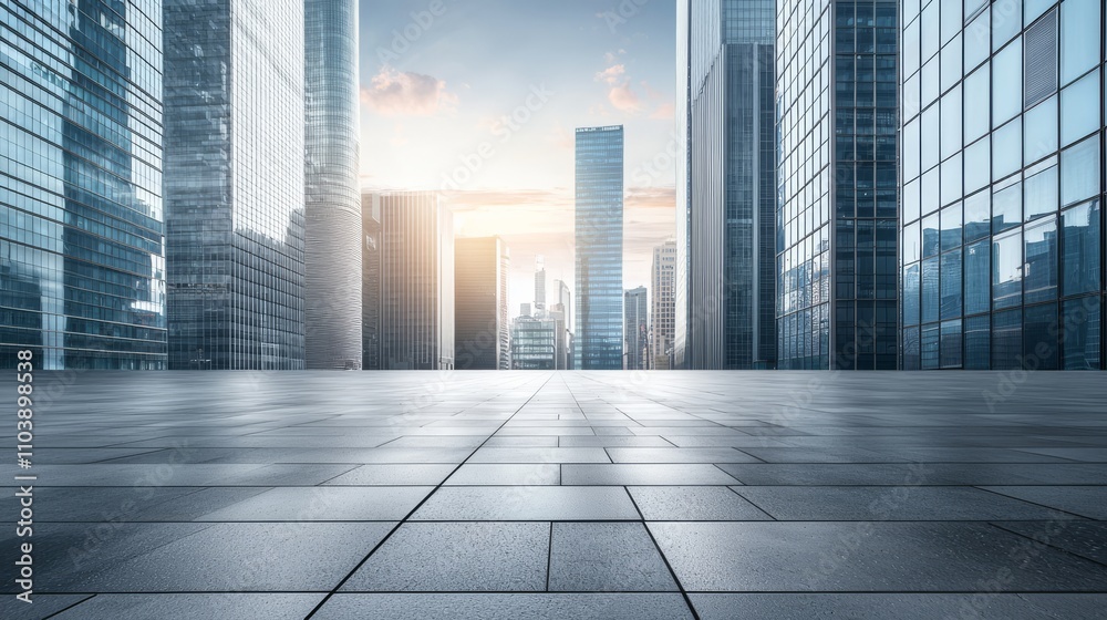 Fototapeta premium far view of modern city scape, The atmosphere resembles a scene from a movie, realistic photo, hard lighting, contrast, bright sky, wide screen, cinematic scene, commercial photo style, Wide Frame, 