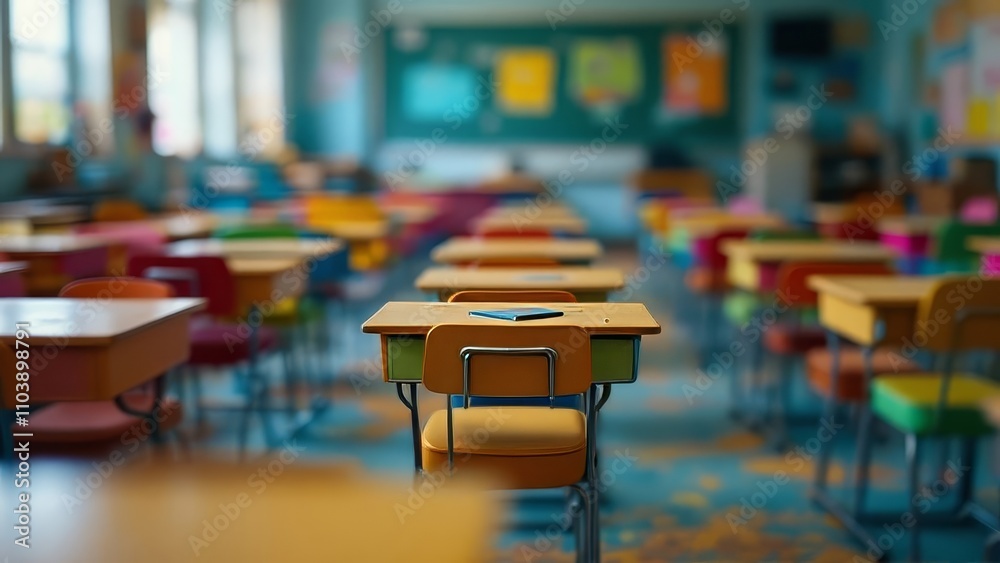 Colorful desks and chairs in a tilted, empty classroom, blurred background, AI photo.