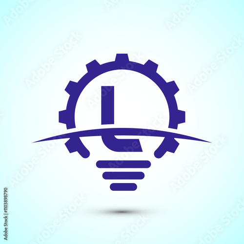 English alphabet L with electric bulb and gear sign. Creative idea logo concept