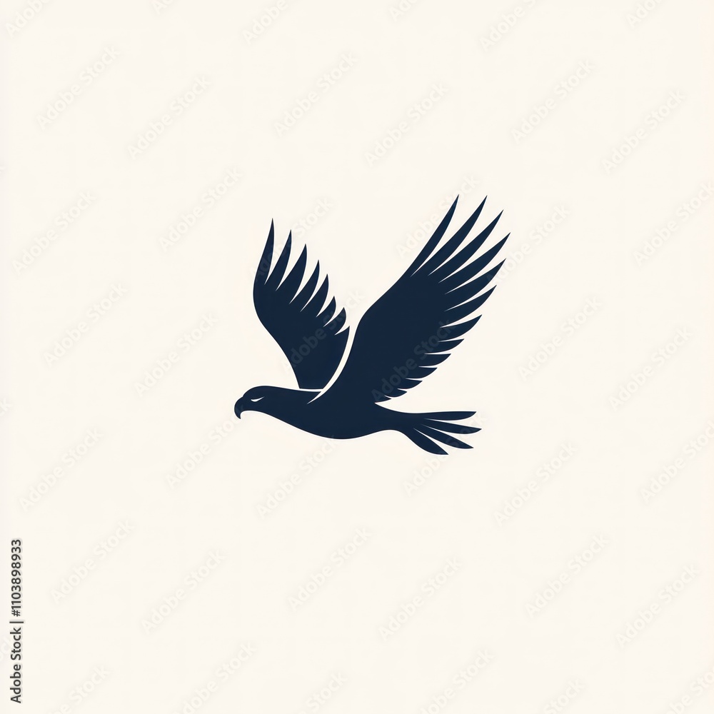 Fototapeta premium A stylized silhouette of a hawk or eagle in flight, dark blue against a light background.