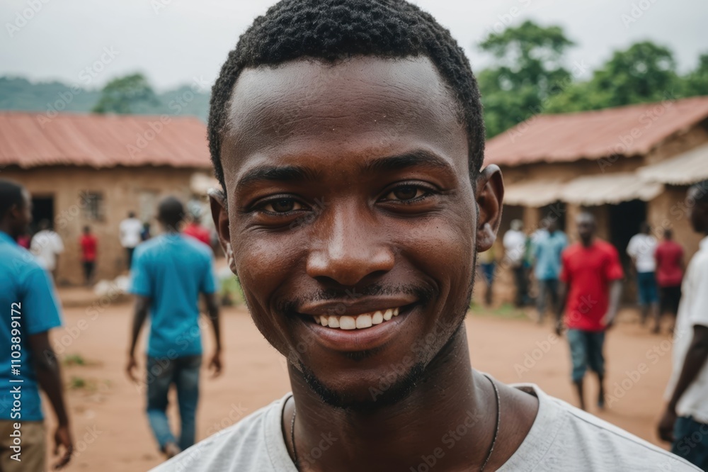Close portrait of a smiling young Burundian man looking at the camera, Burundian city outdoors blurred background Close portrait of a smiling young Burundian man looking at the camera, Burundian city outdoors blurred background