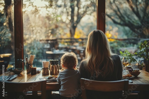 Mother and child dining together in a cozy restaurant with warm natural light