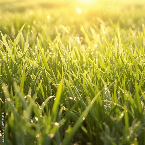 Softly gleaming dew-kissed blades of grass sway gently in the spring breeze, grass, kissed photo