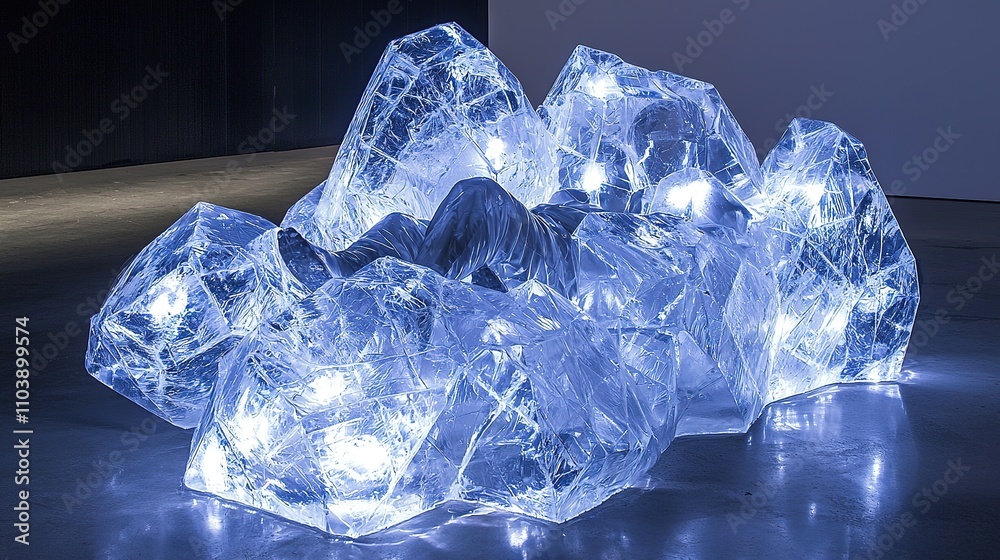A futuristic art installation features illuminated ice-like sculptures that create a serene, ethereal atmosphere. A futuristic art installation features illuminated ice-like sculptures that create a serene, ethereal atmosphere.