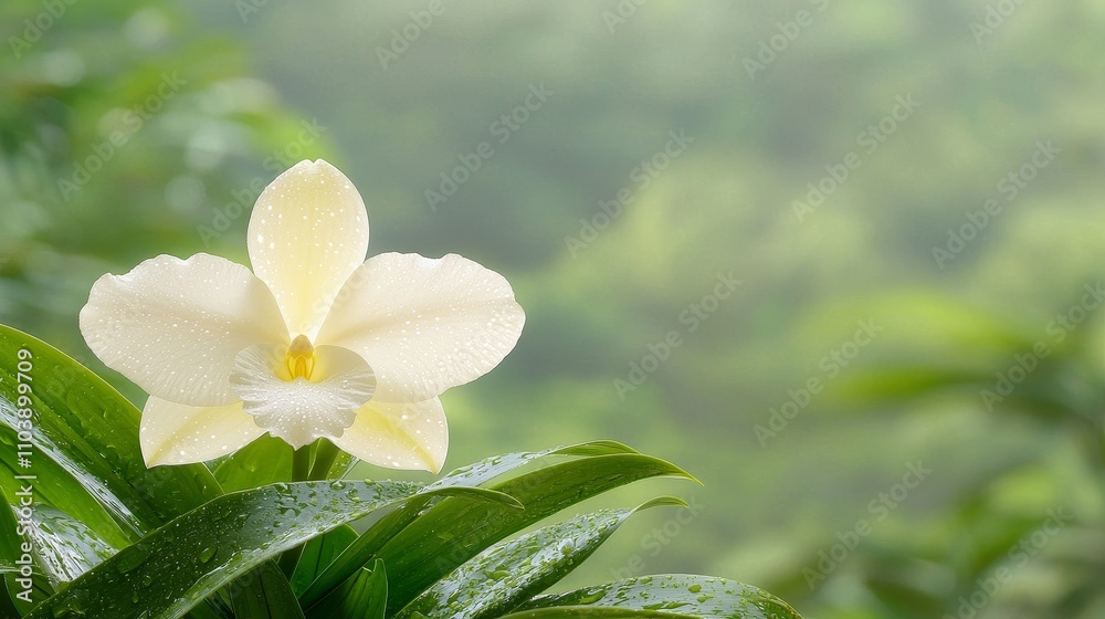 Obraz premium Photorealistic Vanilla Planifolia Orchid Flower with Dew on Leaves in a Lush Green Background