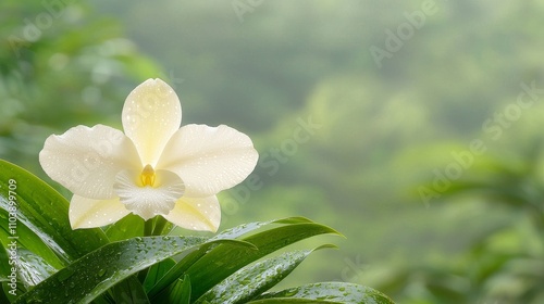 Photorealistic Vanilla Planifolia Orchid Flower with Dew on Leaves in a Lush Green Background photo