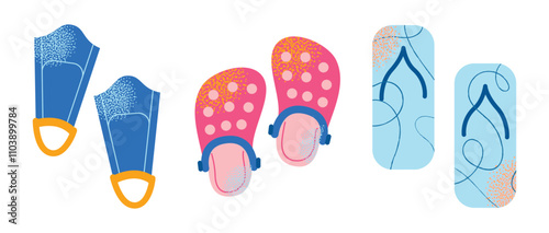 Collection of swimming equipment and accessories swimsuits, goggles, flippers, swim caps, water bottle, towel, and kickboard. Flat cartoon illustration with colorful design elements isolated