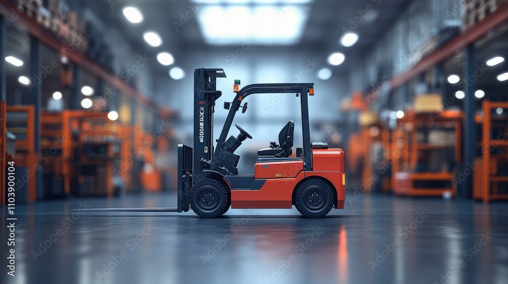 A red forklift positioned in an industrial warehouse setting, ready for material handling tasks. A red forklift positioned in an industrial warehouse setting, ready for material handling tasks.