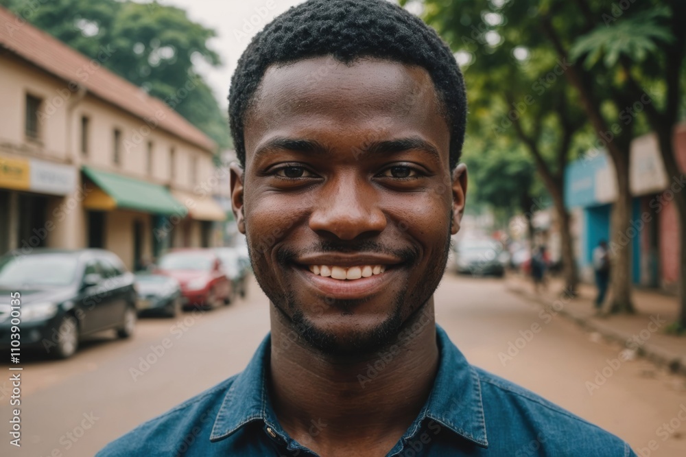 Close portrait of a smiling young Cameroonian man looking at the camera, Cameroonian city outdoors blurred background Close portrait of a smiling young Cameroonian man looking at the camera, Cameroonian city outdoors blurred background