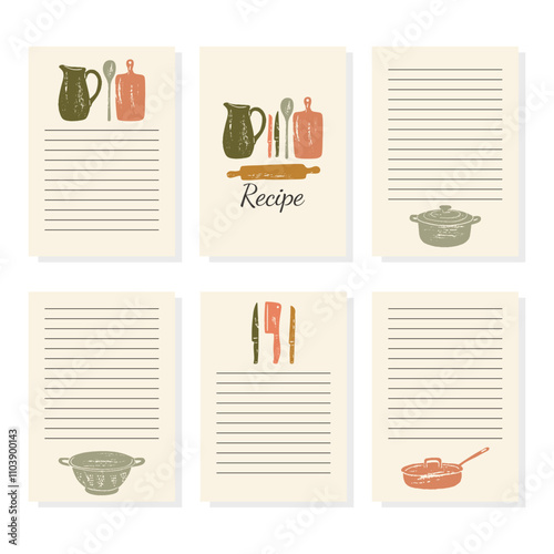 Collection of recipe card or sheet templates for making notes about meal preparation and cooking ingredients. Empty cookbook pages. 