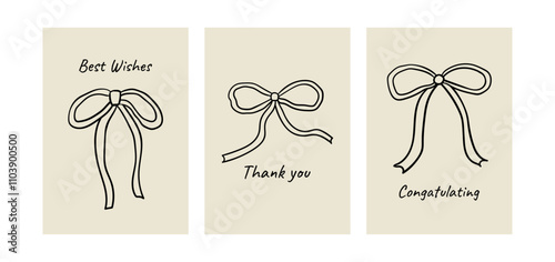 Set of minimalist vintage greeting cards with hand drawn bows and text. Vector outline illustration of ribbon