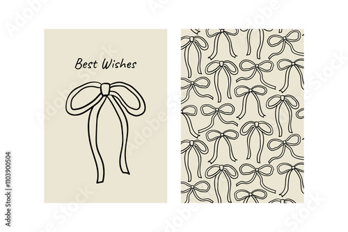 Set of minimalist greeting cards with quirky hand drawn bow. Vector illustration and pattern with outline ribbons. Coquette vintage aesthetic