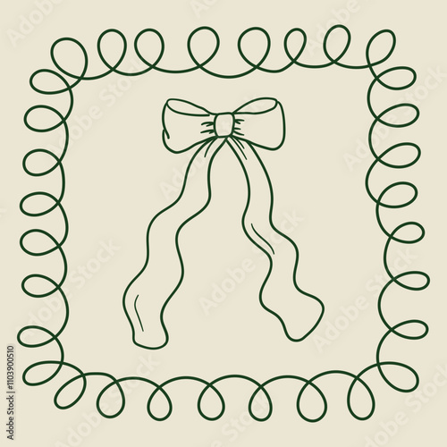 Holiday greeting card with quirky frame and vintage bow. Vector hand drawn illustration in retro style