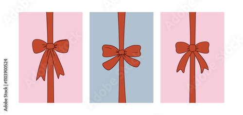 Set of posters with red bows. Vector hand drawn illustration of ribbons. Holiday greeting card template for christmas, birthday, wedding, etc
