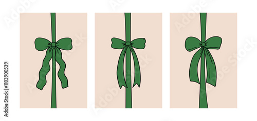 Set of posters with green bows. Vector hand drawn illustration of ribbons. Holiday greeting card template for christmas, birthday, wedding, etc