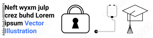 Padlock, stethoscope, and graduation cap icons symbolizing education, security, and healthcare concepts. Ideal for educational materials, online courses, healthcare services, data protection