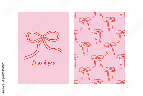 Set of minimalist greeting cards with quirky hand drawn bow. Vector illustration and pattern with outline ribbons. Coquette vintage aesthetic