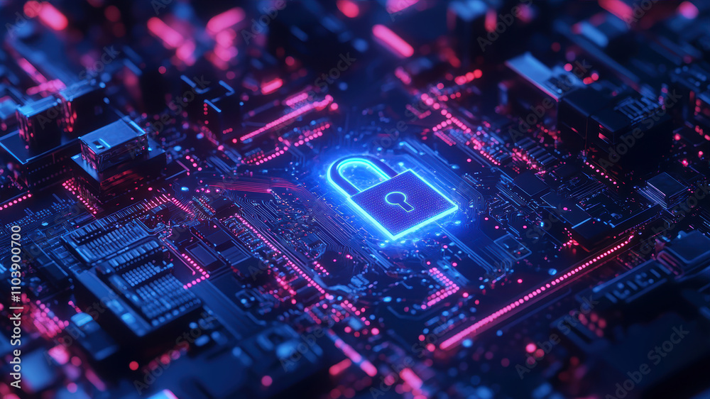 Illuminated Blue Neon Lock Icon on Digital Circuit Board Symbolizes Cybersecurity Illuminated Blue Neon Lock Icon on Digital Circuit Board Symbolizes Cybersecurity