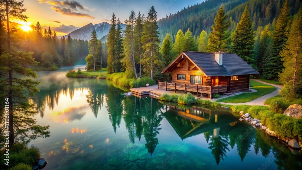 Tranquil Reflections: A Cozy Log Cabin Nestled by a Serene Lakeside, Embraced by Whispering Woods in a Drone Photography Perspective Tranquil Reflections: A Cozy Log Cabin Nestled by a Serene Lakeside, Embraced by Whispering Woods in a Drone Photography Perspective