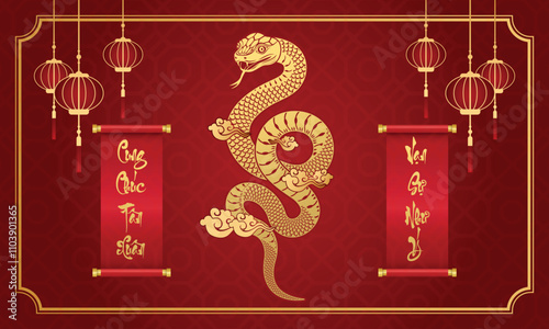 Vietnamese Snake Hold Couplets To Wish Tet holiday 2025 . Year of the snake (Translation : Happy new year )