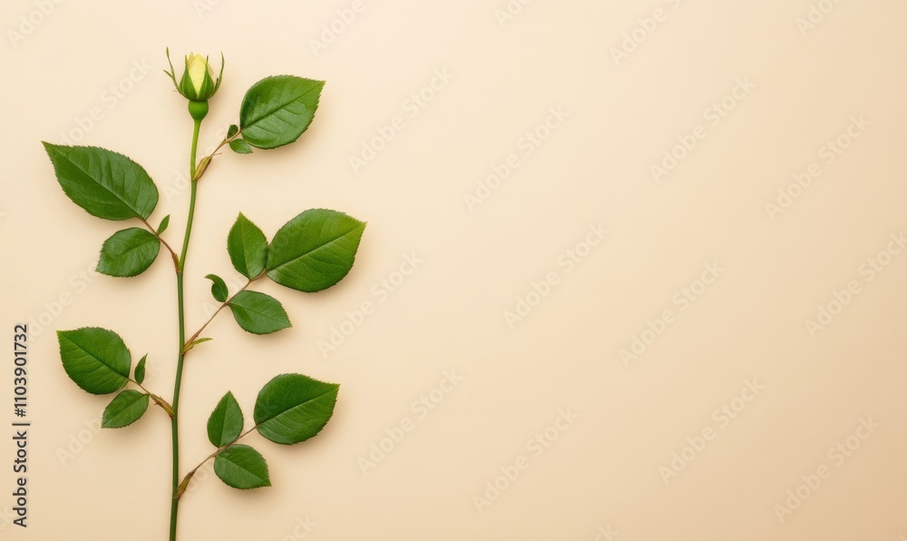 Fototapeta premium Small rose twig with five green leaves isolated on a flat beige background, creating fresh contrast 
