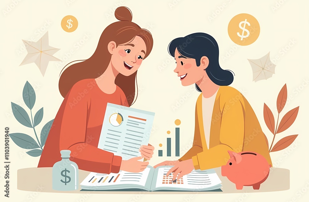 Illustration of a happy couple discussing their savings and investments. Planning for investing money. Illustration of a happy couple discussing their savings and investments. Planning for investing money.