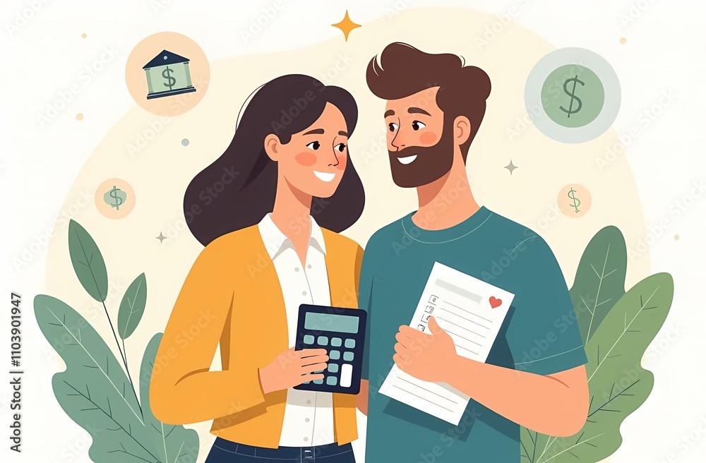 Minimalistic vector illustration of a couple who agrees on financial plans. Brunette woman with a calculator, a man with a beard with documents. Dollar and bank signs. For an illustration about happy Minimalistic vector illustration of a couple who agrees on financial plans. Brunette woman with a calculator, a man with a beard with documents. Dollar and bank signs. For an illustration about happy