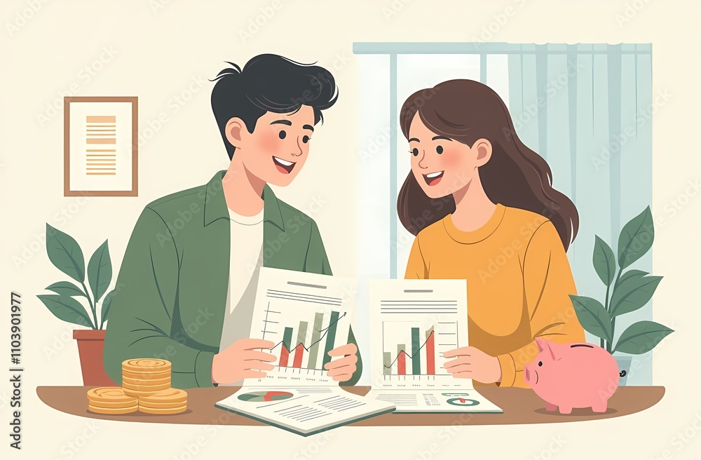 Illustration of a happy couple discussing their savings and investments. Planning for investing money. Illustration of a happy couple discussing their savings and investments. Planning for investing money.