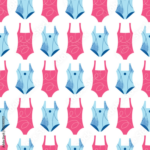 Seamless pattern swimming equipment and accessories swimsuits, goggles, flippers, swim caps, water bottle, towel, and kickboard. Flat cartoon illustration with colorful design elements isolated