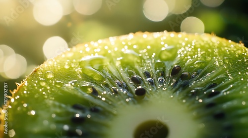 Close-up of a fresh kiwi slice with droplets of water, showcasing its vibrant green color and unique texture against a soft bokeh background.